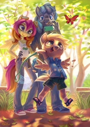 Size: 2894x4093 | Tagged: safe, artist:holivi, derpibooru import, oc, oc only, oc:ketika, oc:munkari, anthro, butterfly, pegasus, anthro oc, belt, cellphone, clothes, commission, converse, family, goggles, hand on hip, open mouth, pants, phone, shirt, shoes, shorts, sneakers, tree