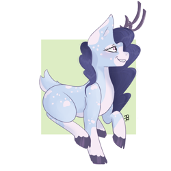 Size: 750x750 | Tagged: safe, artist:pitifulrocks, derpibooru import, oc, oc only, deer, pony, abstract background, antlers, blue, cloven hooves, cute, pastel, raised hoof, smiling, solo