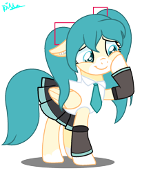 Size: 1088x1320 | Tagged: safe, artist:klewgcg, artist:xxkawailloverchanxx, pegasus, pony, base used, clothes, crossover, cute, female, hatsune miku, mare, moe, pigtails, pleated skirt, ponified, show accurate, skirt, twintails, vocaloid