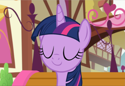 Size: 1361x940 | Tagged: safe, derpibooru import, screencap, twilight sparkle, twilight sparkle (alicorn), alicorn, pony, yakity-sax, bench, cropped, eyes closed, female, ponyville, relaxed, smiling, solo