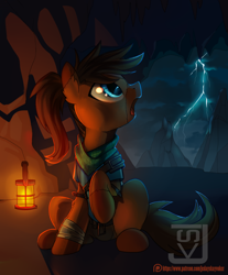 Size: 894x1080 | Tagged: safe, artist:jedayskayvoker, derpibooru import, oc, oc only, earth pony, pony, clothes, commission, female, lamp, lightning, looking back, mare, open mouth, patreon, patreon logo, raised hoof, solo, surprised, ych result