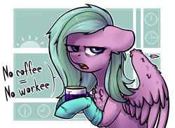 Size: 1212x881 | Tagged: safe, artist:trickate, derpibooru import, oc, oc only, oc:lilac wind, pegasus, pony, abstract background, annoyed, bags under eyes, clothes, coffee, female, mare, socks, solo, tired, ych result