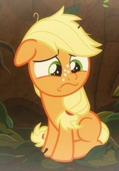 Size: 480x689 | Tagged: safe, derpibooru import, screencap, applejack, earth pony, pony, going to seed, cropped, female, filly, filly applejack, freckles, hooves, sad, solo, younger