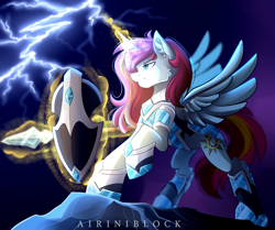 Size: 3140x2629 | Tagged: safe, artist:airiniblock, derpibooru import, oc, oc only, alicorn, pony, clothes, commission, female, lightning, magic, mare, rcf community, solo, weapon