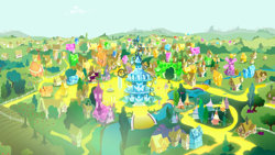 Size: 1440x810 | Tagged: safe, derpibooru import, screencap, inspiration manifestation, crystal, gold, golden road, no pony, ponyville, ponyville schoolhouse, ponyville town hall, river, scenery, town, transformed