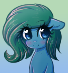 Size: 1280x1363 | Tagged: safe, artist:fluffymaiden, derpibooru import, oc, oc only, oc:blue jade, earth pony, pony, blushing, female, floppy ears, gradient background, heart eyes, mare, smiling, solo, wingding eyes