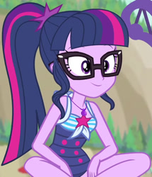 Size: 732x850 | Tagged: safe, screencap, sci-twi, twilight sparkle, better together, equestria girls, forgotten friendship, beach, clothes, cropped, cute, geode of telekinesis, magical geodes, sitting, solo, swimsuit, twiabetes