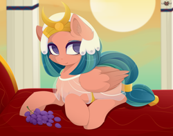 Size: 3800x3000 | Tagged: safe, artist:xsatanielx, somnambula, pegasus, pony, bed, clothes, female, food, grapes, hat, mare, prone, rcf community, solo