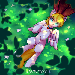 Size: 2222x2222 | Tagged: safe, artist:airiniblock, derpibooru import, oc, oc only, oc:wholeheart, pegasus, pony, belly button, collar, cute, dappled sunlight, featureless crotch, flower, grass, looking at you, male, on back, rcf community, smiling, solo, stallion, tree, ych result