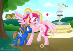 Size: 5069x3559 | Tagged: safe, artist:raspberrystudios, derpibooru import, oc, oc only, oc:aurelia charm, oc:midnight luna, alicorn, alicorn oc, cutie mark, fountain, patreon, patreon reward, shading, tree