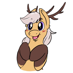 Size: 512x512 | Tagged: source needed, safe, alternate version, artist:wishwasher, derpibooru import, oc, oc only, oc:antler pone, original species, pony, antlers, chest fluff, clothes, cute, eye clipping through hair, female, happy, simple background, smiling, socks, solo, transparent background