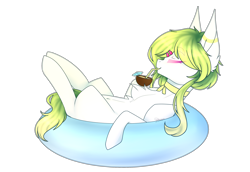 Size: 2900x2000 | Tagged: safe, artist:honeybbear, oc, oc:jellyifish, earth pony, pony, coconut, female, food, inner tube, mare, simple background, solo, transparent background