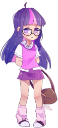 Size: 671x1462 | Tagged: safe, artist:emily-826, derpibooru import, twilight sparkle, human, chibi, clothes, converse, female, glasses, humanized, schoolgirl, shoes, simple background, sneakers, solo, transparent background