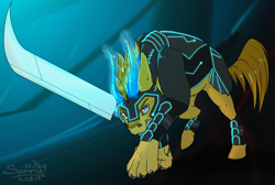 Size: 1492x1000 | Tagged: safe, artist:sunny way, oc, oc only, oc:sameiro, hybrid, angry, armor, attack, claws, horns, looking at you, magic, male, paws, rcf community, solo, sword, teeth, weapon