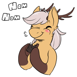 Size: 512x512 | Tagged: source needed, safe, artist:wishwasher, derpibooru import, oc, oc only, oc:antler pone, deer pony, hybrid, original species, pony, :t, antlers, blushing, brownie, chest fluff, clothes, cute, ear fluff, eating, eyes closed, female, hoof hold, leg fluff, mare, nom, nose wrinkle, ocbetes, puffy cheeks, shoulder fluff, simple background, smiling, socks, solo, transparent background