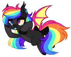 Size: 1024x826 | Tagged: safe, artist:_spacemonkeyz_, derpibooru import, oc, oc:happy pills, bat pony, pony, bat pony oc, colored hooves, colored wings, female, heterochromia, jaundice, mare, rainbow hair, scene kid, simple background, solo, tongue out, transparent background