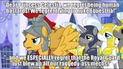 Size: 1575x890 | Tagged: safe, derpibooru import, flash magnus, a rockhoof and a hard place, badass, halo (series), humanity fuck no, image macro, meme, misanthropy, quote, royal guard, vulgar