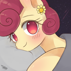 Size: 2000x2000 | Tagged: safe, artist:choyamy, derpibooru import, posey shy, pegasus, pony, blushing, cute, female, flower, looking at you, mare, pillow, signature, smiling, solo