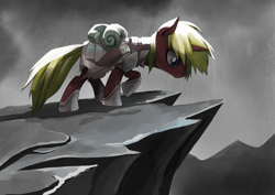 Size: 6992x4961 | Tagged: safe, artist:gashiboka, oc, oc:steel prism, pony, unicorn, armor, cliff, solo