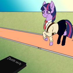 Size: 1024x1024 | Tagged: safe, artist:korencz11, derpibooru import, twilight sparkle, unicorn twilight, pony, unicorn, atg 2018, book, clothes, crossover, death note, newbie artist training grounds, simple background, solo