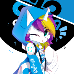 Size: 800x800 | Tagged: safe, artist:heddopen, oc, oc only, oc:sprinkles, pony, unicorn, cheek fluff, chest fluff, clothes, cloud9, esports, female, headphones, hoodie, looking at you, mare, one eye closed, sitting, smiling, solo, starry eyes, tongue out, wingding eyes, wink