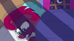 Size: 1920x1080 | Tagged: safe, alternate version, artist:徐詩珮, fizzlepop berrytwist, glitter drops, tempest shadow, unicorn, my little pony: the movie, bed, blanket, blushing, broken horn, duo, female, glittershadow, horn, lesbian, mare, night, pillow, shipping, sleeping, thinking, worried