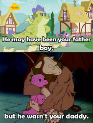 Size: 516x680 | Tagged: safe, derpibooru import, edit, edited screencap, screencap, scorpan, sludge (g4), spike, spike (g1), dragon, father knows beast, g1, g4, rescue at midnight castle, best dad ever, daddy, guardians of the galaxy, guardians of the galaxy vol. 2, logo, male, meme, nick jr., nickelodeon, surrogate father, winged spike, worst dad ever, yondu
