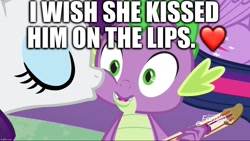 Size: 1136x640 | Tagged: safe, derpibooru import, edit, edited screencap, editor:useraccount, screencap, rarity, spike, twilight sparkle, twilight sparkle (alicorn), alicorn, dragon, pony, unicorn, best gift ever, emoji, female, heart, image macro, kiss on the cheek, kissing, male, meme, shipping, sparity, straight, text, winged spike