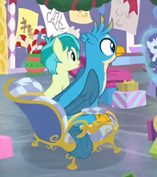 Size: 253x285 | Tagged: safe, derpibooru import, screencap, gallus, sandbar, earth pony, griffon, pony, best gift ever, hearth's warming shorts, mystery voice, chair, cropped, cute, gallabetes, male, rarity plushie, wings