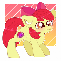 Size: 2000x2000 | Tagged: safe, artist:etoz, apple bloom, earth pony, pony, :p, abstract background, adorabloom, backwards cutie mark, belly fluff, blushing, bow, chest fluff, cute, cutie mark, ear fluff, female, filly, floppy ears, fluffy, gradient background, high res, looking up, mlem, silly, smiling, smirk, solo, the cmc's cutie marks, tongue out