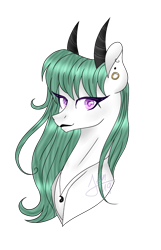 Size: 900x1400 | Tagged: safe, artist:zima, oc, oc:zima, hybrid, pegasus, pony, bust, ear piercing, earring, horns, jewelry, looking at you, necklace, paint tool sai, piercing, portrait, simple background, solo, transparent background, yang