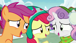 Size: 1280x720 | Tagged: safe, derpibooru import, screencap, apple bloom, scootaloo, sweetie belle, pony, unicorn, best gift ever, clothes, cute, cutie mark crusaders, female, filly, foal, hat, scarf, trio