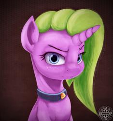 Size: 1450x1547 | Tagged: source needed, safe, artist:grayworldcorporation, derpibooru import, oc, oc only, pony, unicorn, abstract background, bust, choker, female, frown, jewelry, looking at you, mare, portrait, sitting, solo