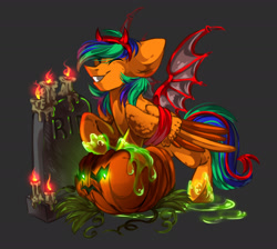 Size: 1418x1271 | Tagged: artist needed, safe, derpibooru import, oc, oc:naarkerotics, bound wings, devil, halloween costume, pumpkin, ych result