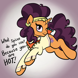 Size: 2100x2100 | Tagged: safe, artist:sjart117, saffron masala, pony, spice up your life, bad pickup line, clothes, ear piercing, earring, female, flirting, jewelry, leaping, looking at you, mare, motivational, one eye closed, pickup lines, piercing, positive ponies, solo, speech, wink