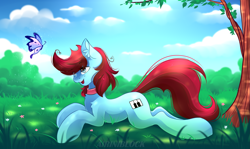 Size: 2987x1780 | Tagged: safe, artist:airiniblock, derpibooru import, oc, butterfly, earth pony, pony, cloud, collar, commission, female, flower, grass, mare, open mouth, rcf community, sky, solo, tree