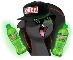 Size: 1560x1280 | Tagged: safe, artist:acersiii, derpibooru import, oc, oc only, oc:luminous siren, pony, unicorn, baseball cap, bust, cap, dank memes, female, hat, magic, mare, mountain dew, mtn dew, open mouth, simple background, smiling, solo, sunglasses, telekinesis, transparent background