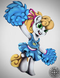 Size: 932x1200 | Tagged: source needed, safe, artist:grayworldcorporation, derpibooru import, oc, oc only, pony, bipedal, cheerleader, clothes, female, gradient background, mare, midriff, smiling, solo, tanktop