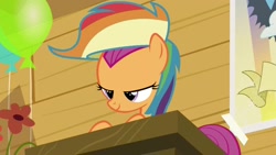 Size: 1920x1080 | Tagged: safe, derpibooru import, screencap, scootaloo, pony, the washouts (episode), lidded eyes, rainbow wig, solo