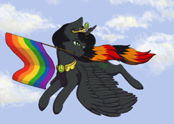 Size: 2286x1641 | Tagged: safe, artist:fluka, oc, oc:princess cave, alicorn, pony, commission, flag, gay pride flag, lgbt, peace sign, pride, pride flag, pride month, ych result, your character here