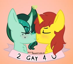 Size: 1978x1719 | Tagged: safe, artist:ghostygirl01, artist:ghostygirl02, derpibooru import, oc, oc only, oc:flame chaser, pony, unicorn, banner, beard, blushing, boop, bust, curved horn, facial hair, freckles, gay, gradient background, heart, horn, love, male, unnamed oc