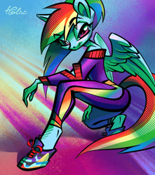 Size: 2067x2336 | Tagged: safe, artist:holivi, derpibooru import, rainbow dash, anthro, pegasus, unguligrade anthro, clothes, female, hoof shoes, legs, lidded eyes, looking at you, pants, shoes, shoulderless, smiling, sneakers, solo