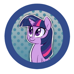 Size: 500x500 | Tagged: safe, artist:jessy, derpibooru import, twilight sparkle, twilight sparkle (alicorn), alicorn, pony, abstract background, bust, button, dots, female, mare, smiling, solo