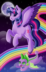 Size: 1650x2550 | Tagged: safe, artist:fannytastical, derpibooru import, spike, twilight sparkle, twilight sparkle (alicorn), alicorn, dragon, pony, baby, baby dragon, cloud, cute, cutie mark, fangs, female, flying, full moon, green eyes, lisa frank, male, mare, mare in the moon, moon, night, night sky, open mouth, rainbow, signature, sky, smiling, spikabetes, stars, twiabetes, unshorn fetlocks, winged spike, wings