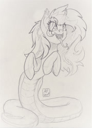 Size: 1280x1788 | Tagged: safe, artist:airfly-pony, derpibooru import, oc, oc:miranda, lamia, original species, pony, snake pony, female, lineart, rcf community, slit eyes, smiling, snake eyes, snake tongue, solo, traditional art