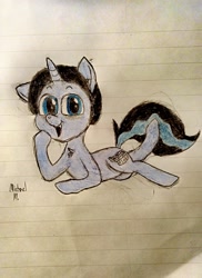 Size: 2240x3075 | Tagged: safe, artist:michaelmaddox222, derpibooru import, oc, oc:strap locks, pony, belt, belt buckle, chest fluff, colored, cute, floppy ears, legs in air, lineart, lined paper, looking at you, male, pencil drawing, pose, prone, signature, smiling, solo, traditional art