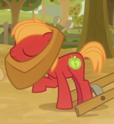 Size: 281x306 | Tagged: safe, screencap, big macintosh, earth pony, pony, going to seed, colt big macintosh, cropped, eyes closed, male, raised hoof, yoke, younger