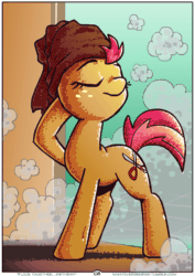 Size: 706x1000 | Tagged: safe, artist:whateverbender, derpibooru import, babs seed, pony, comic:flock together birthday, animated, comic, dripping, drunker babs, explicit source, female, foal, frame by frame, gif, solo, squigglevision, steam, texture dither, towel