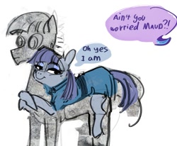 Size: 1199x990 | Tagged: safe, artist:alumx, maud pie, mudbriar, pony, student counsel, agalmatophilia, blatant lies, female, hug, lying on top of someone, male, maudbriar, petrification, rock, rockbriar, shipping, smiling, straight, that pony sure does love rocks, that was fast, when she smiles
