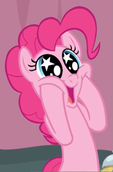 Size: 543x821 | Tagged: safe, derpibooru import, screencap, pinkie pie, earth pony, pony, a trivial pursuit, cropped, cute, diapinkes, irrational exuberance, smiling, solo, squishy cheeks, starry eyes, wingding eyes